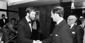 hrh prince charles at the premiere of the film to the ends of the earth, pictured greeting sir ranulph fiennes the film is the story of the three year expedition led by british explorer sir ranulph fiennes, which ended in august 1982 london, 15th february 1983  photo by graham morrisdaily mirrormirrorpixgetty images