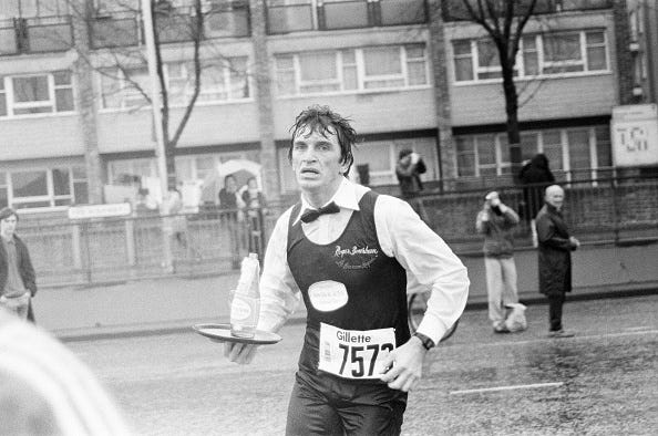 london marathon 1981, sponsored by gillette, sunday 29th march 1981, fastest waiter, roger bourban photo by staffdaily mirrormirrorpixgetty images