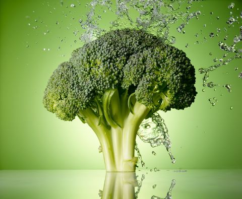 broccoli on green background with water splash