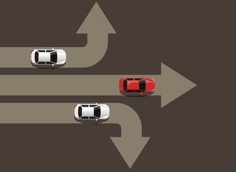 Car moving in different directions. Leader concept. Way to success.
