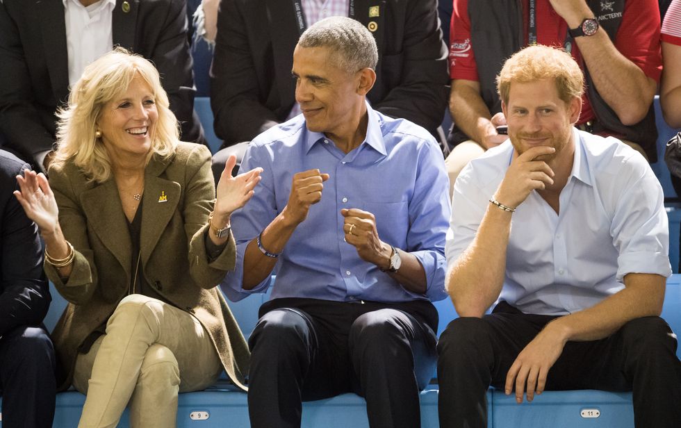 toronto, on   september 29  jill biden, barack obama and prince harry watch the wheelchair basketball on day 7 of the invictus games toronto 2017 on september 29, 2017 in toronto, canada  the games use the power of sport to inspire recovery, support rehabilitation and generate a wider understanding and respect for the armed forces  photo by samir husseinsamir husseinwireimage