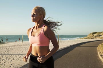 mujer, running, playa