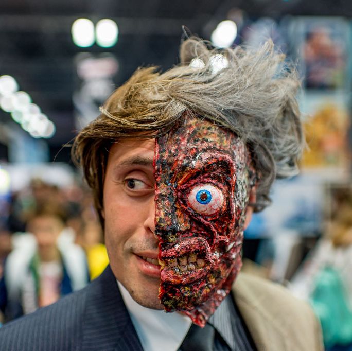 new york, ny   october 05  a fan cosplays as harvey two face during 2017 new york comic con   day 1 on october 5, 2017 in new york city  photo by roy rochlingetty images