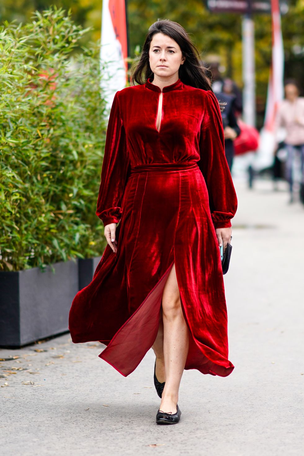 Fashion model, Clothing, Red, Fashion, Street fashion, Outerwear, Dress, Haute couture, Maroon, Runway, 