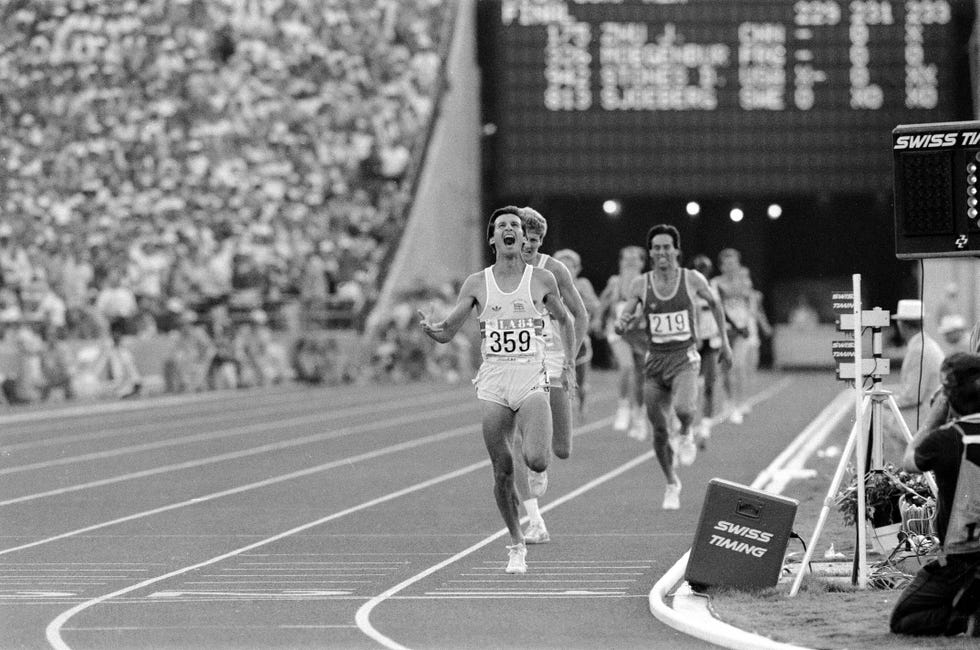 1984 olympic games in los angeles, usa, mens athletics, great britains sebastain coe wins the 1500 metres gold medal ahead of his fellow countryman steve cram who took silver, 11th august 1984 photo by monte frescodaily mirrormirrorpixgetty images