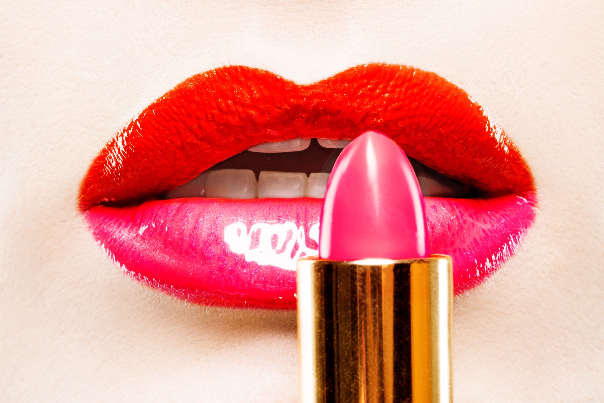 Lip, Lipstick, Red, Cosmetics, Orange, Pink, Lip gloss, Beauty, Mouth, Tints and shades, 