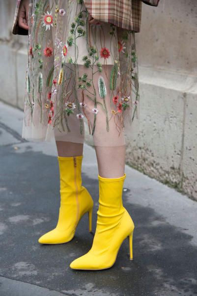 Footwear, Boot, Yellow, Street fashion, Knee-high boot, Leg, Human leg, Knee, Fashion, Shoe, 