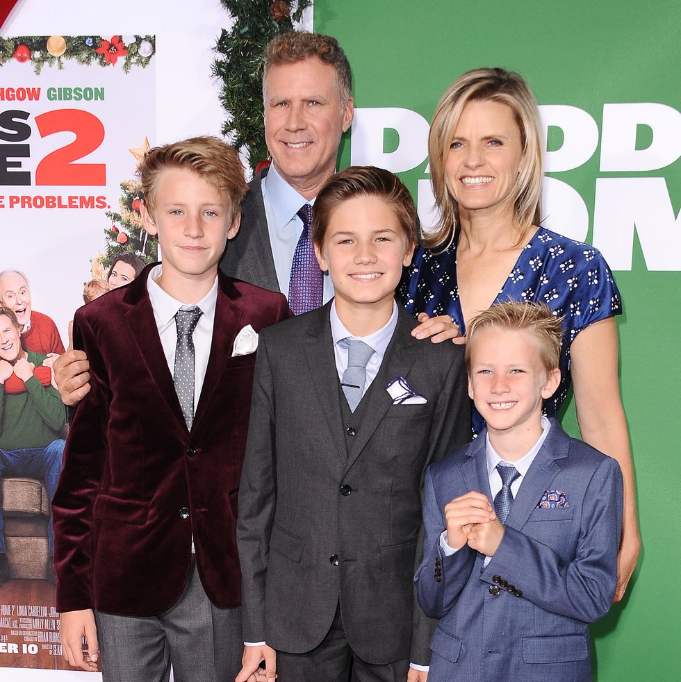 westwood, ca   november 05  actor will ferrell, wife viveca paulin and children magnus paulin ferrell, mattias paulin ferrell and axel paulin ferrell attend the premiere of daddys home 2 at regency village theatre on november 5, 2017 in westwood, california  photo by jason laverisfilmmagic