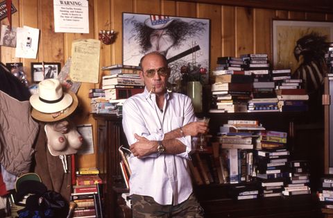 woody creek,aspen,co,   october 12 hunter thompson aka hunter s thompson aka gonzo journalist at his ranch standing against a bookcase with a ralph steadman picture on the wall  on october 12, 1990 in woody creek, aspen, colorado photo by paul harrisgetty images