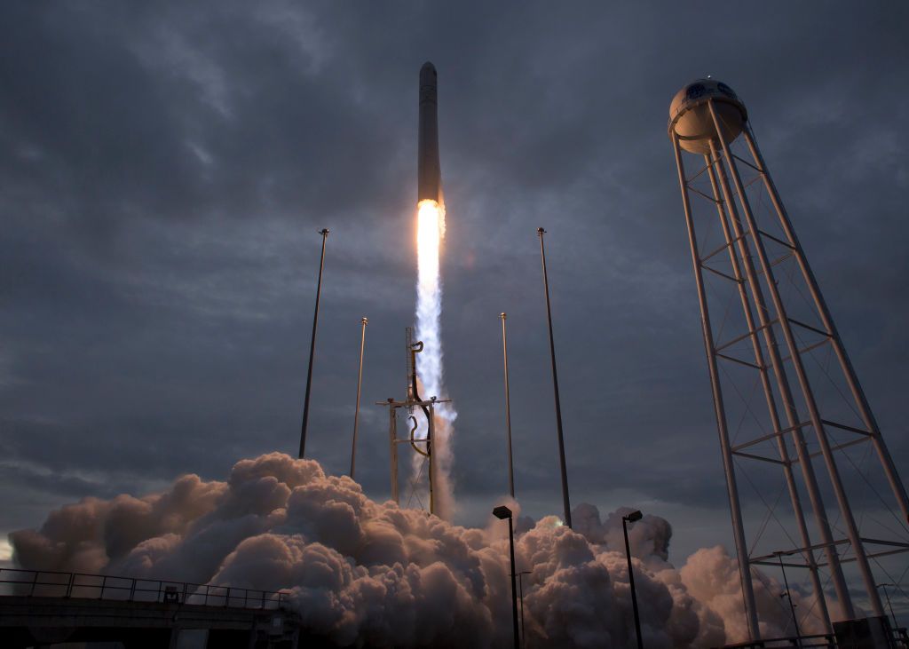 The Orbital ATK Antares rocket, with the Cygnus spacecraft onboard, launches from Pad-0A on November 12, 2017 at NASA's Wallops Flight Facility in Wallops Island, Virginia. 