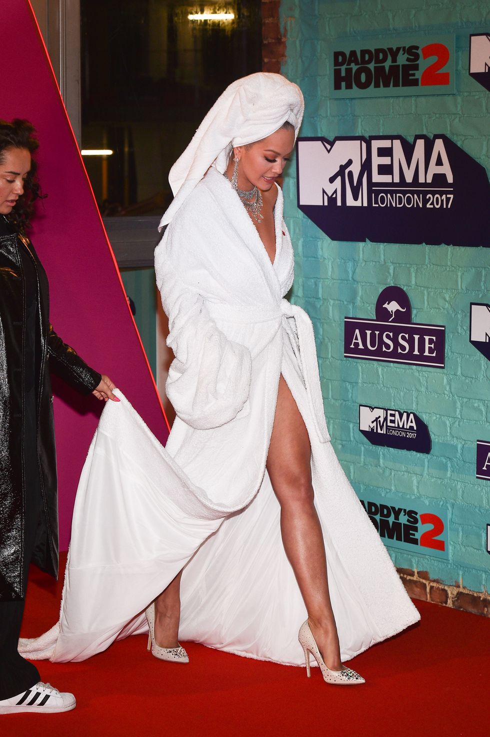 Rita Ora in a bathrobe at the MTV EMAs