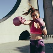 Boxing glove, Shoulder, Arm, Physical fitness, Muscle, Sports equipment, Boxing, yoga pant, 