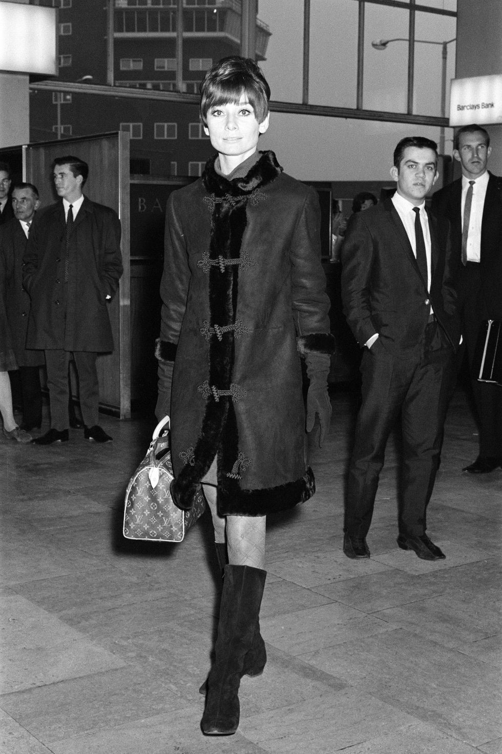 film star audrey hepburn pictured at heathrow airport before leaving for her home in switzerland, 5th november 1966 photo by staffmirrorpixgetty images