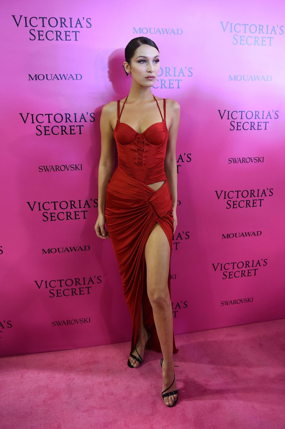 Bella Hadid Wears Red Dress at the Victoria Secret Fashion After