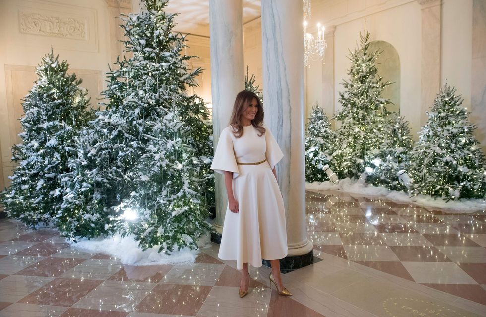 us first lady melania trump walks through the grand foyer as she tours christmas decorations at the white house in washington, dc, november 27, 2017 photo by saul loeb  afp photo by saul loebafp via getty images