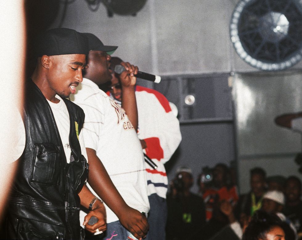 Tupac Shakur, Biggie Smalls and Puff Daddy perform onstage at the Palladium on July 23, 1993, in New York City