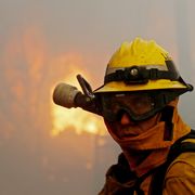 Firefighter, Yellow, Personal protective equipment, Hard hat, Helmet, Headgear, Hat, Landscape, 