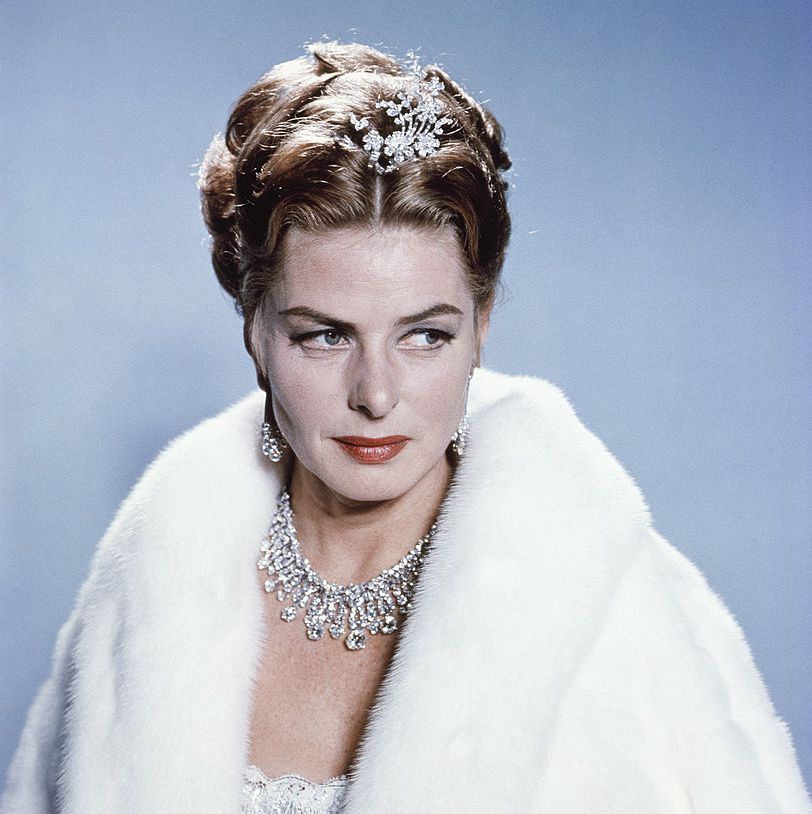 united states circa 1960 portrait of the actress ingrid bergman, wearing a fur coat, and diamond necklace and tiara, ca1960s photo by cameriquegetty images