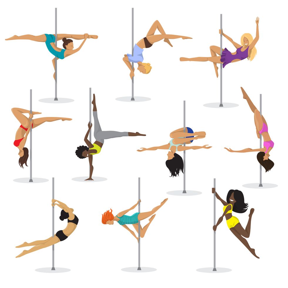 Pole dance girl vector set woman poledance dancer fitness sexy pose stripper posing and dancing illustration isolated on white background