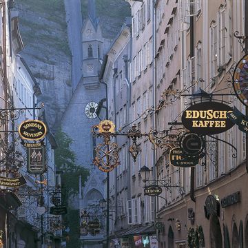Store signs in a city, Getreidegasse, Salzburg, Austria