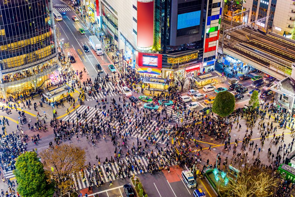 shibuya, tokyo, japan crosswalk and cityscape