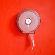 Toilet paper roll on red wall
