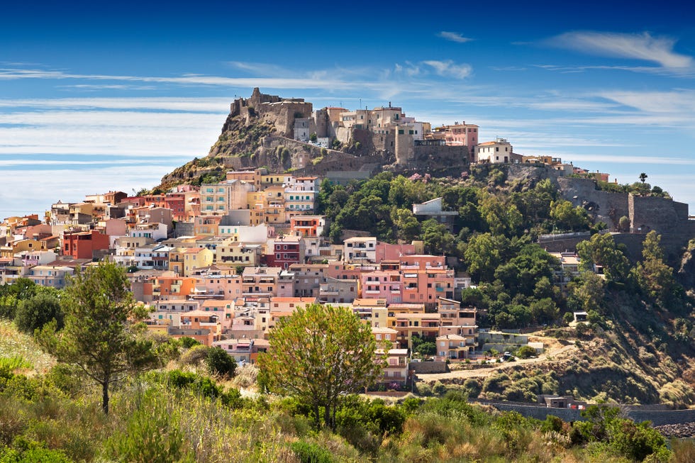 Elevated view over the colourful town of Castelsardo on a sunny day in summer