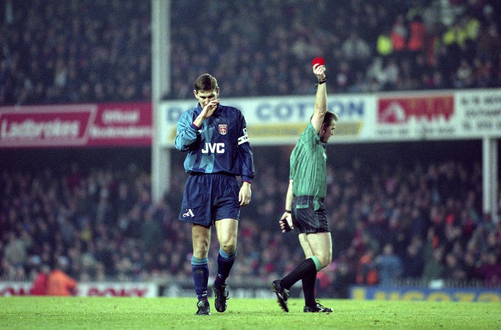 09 december 1995 southampton  premier league football southampton v arsenal  tony adams of arsenal is shown the red card by referee paul danson photo by mark leechgetty images