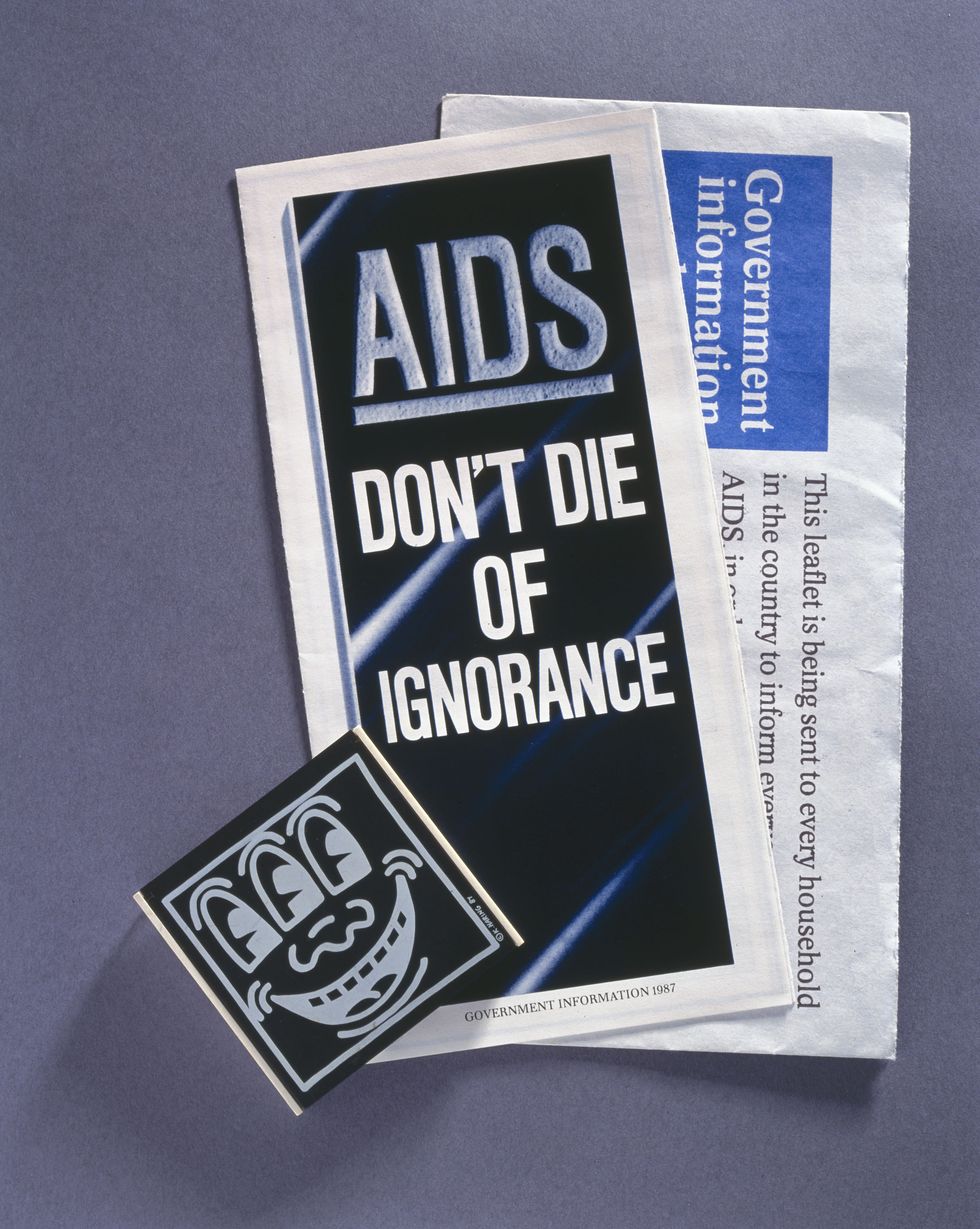 united kingdom   december 29  pamphlet titled aids dont die of ignorance, envelope marked government information about aids, and condom box by keith haring the aids epidemic began in the 1970s and spread unchecked, so that by 1980, aids was present in north and south america, europe, africa and australia the disease can fatally affect the body�s immune system people can catch human immuno deficiency virus hiv, the virus that causes aids, in several ways, including through sexual contact the condom is the only method of contraception that can protect against sexually transmitted diseases such as aids in the late 1980s the british government produced leaflets to raise public awareness of aids and promote safe sex  photo by ssplgetty images