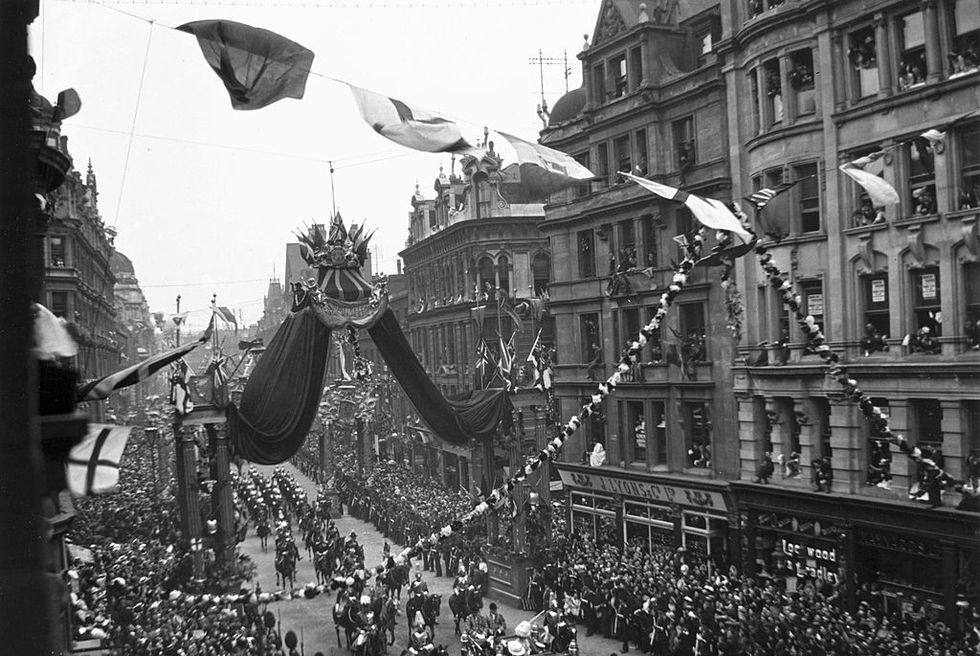 united kingdom procession passing along a busy london thoroughfare during the coronation of edward vii 1841 1910 on the right is a j lyons tea room photo by ssplgetty images