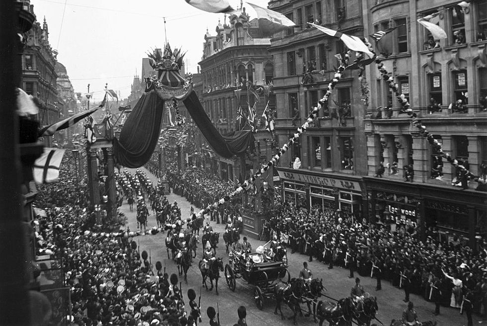 united kingdom procession passing along a busy london thoroughfare during the coronation of edward vii 1841 1910 on the right is a j lyons tea room photo by ssplgetty images
