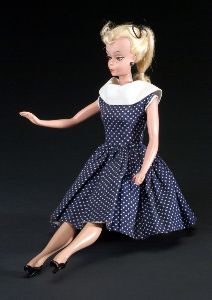 germany august 22 doll made of all rigid plastic with jointed limbs, blond hair in a ponytail with a front curl, painted black earrings and heels the doll is dressed in a blue and white polka dot dress the bild lilli doll is based upon the cartoon character lilli created by german cartoonist reinhard beuthien for the newspaper bild zeitung, hamburg, germany photo by ssplgetty images