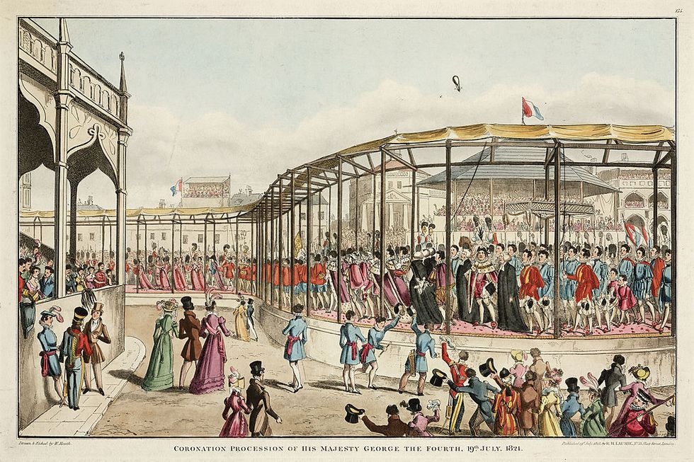 united kingdom march 04 coloured etching by william heath after his original drawing, showing the coronation procession on its way to westminster abbey in london with charles green�s 1785 1870 balloon in the distance george iv 1762 1830 was crowned king of england on 21 july 1821 the coronation was a lavish affair and the king�s clothes alone cost £24,000 he wore a spanish hat topped with ostrich feathers and his velvet robes were complete with ermine trim and a 27 feet long train his coronation crown was adorned with over 12,000 diamonds, including the hope diamond the procession to westminster abbey took place on a raised awning covered in blue cloth published 19 july 1823 by richard holmes laurie of 53 fleet street, london photo by ssplgetty images