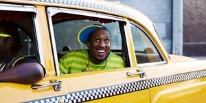 Motor vehicle, Taxi, Yellow, Vehicle, Mode of transport, Car, Smile, Vehicle door, Automotive exterior, Photography, 