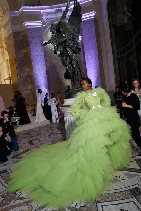 Dress, Gown, Fashion, Haute couture, Green, Costume design, Fashion design, hoopskirt, Event, Costume, 