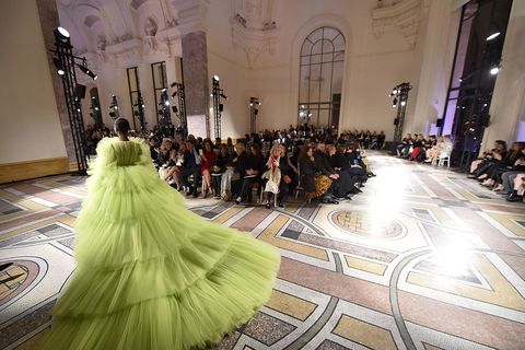 Fashion, Dress, Yellow, Fashion design, Flooring, Architecture, Haute couture, Floor, Gown, Event, 