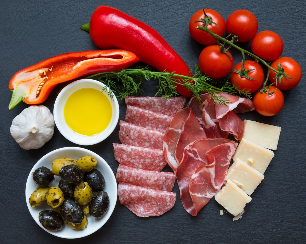 Food, Dish, Cuisine, Ingredient, Prosciutto, Salt-cured meat, Produce, Meat, Antipasto, Charcuterie, 