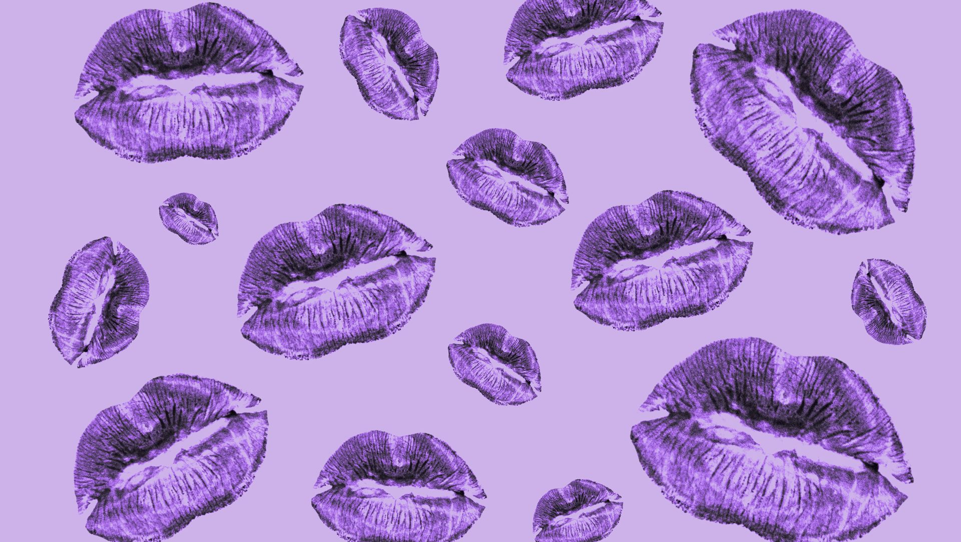 Ultra Violet background made print of female lips on on grunge background. Sexy kissing woman sensual lips. Picture colored to new fashion purple colour shade of Fall Winter 2018 - 2019.