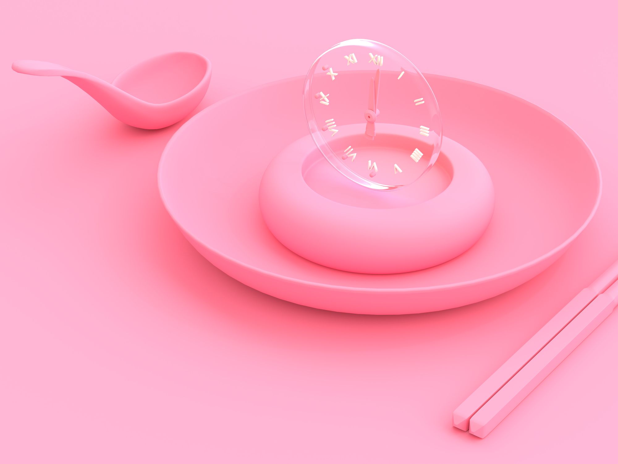 clock in bowl with spoon and chopsticks pink color. minimal concept