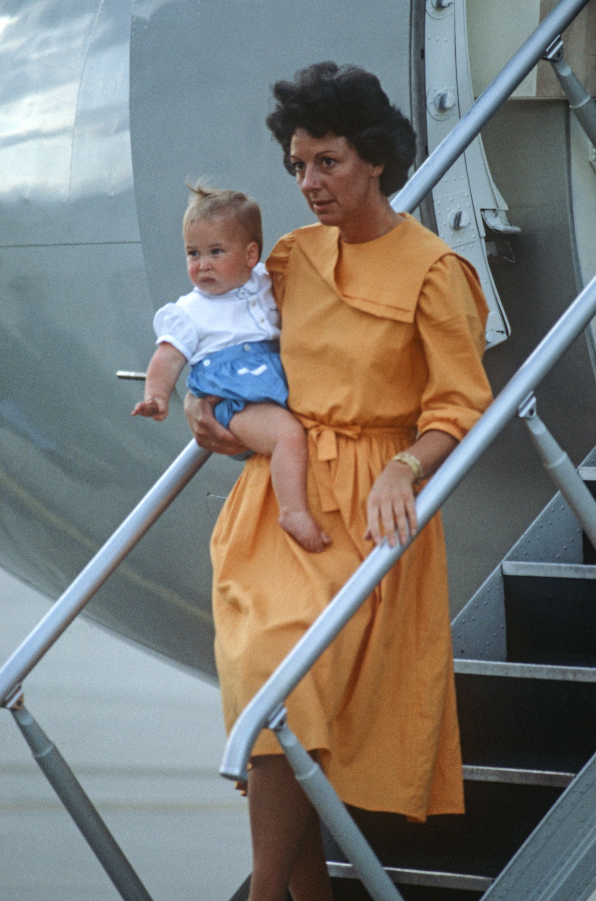 melbourne   april 16 nanny barbara barnes carries prince william off of a plane at melbourne airport, australia on april 16, 1983, at the end of the royal tour of australiaphoto by david levensongetty images
