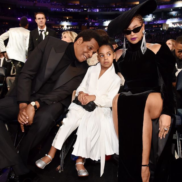 new york, ny   january 28 recording artist jay z, daughter blue ivy carter and recording artist beyonce attend the 60th annual grammy awards at madison square garden on january 28, 2018 in new york city  photo by kevin mazurgetty images for naras