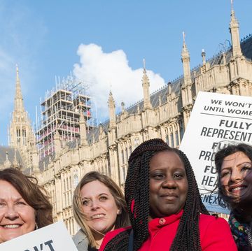 london, united kingdom   february 6 female labour politicians including shadow home secretary diane abbott l marsha de cordova c and eleanor smith 
 3rd r with rosette gather outside parliament as the labour party launches campaign to celebrate the 100th anniversary of the representation of the people act 1918 february 6, 2018 in london, england photo credit should read wiktor szymanowicz  barcroft media via getty images