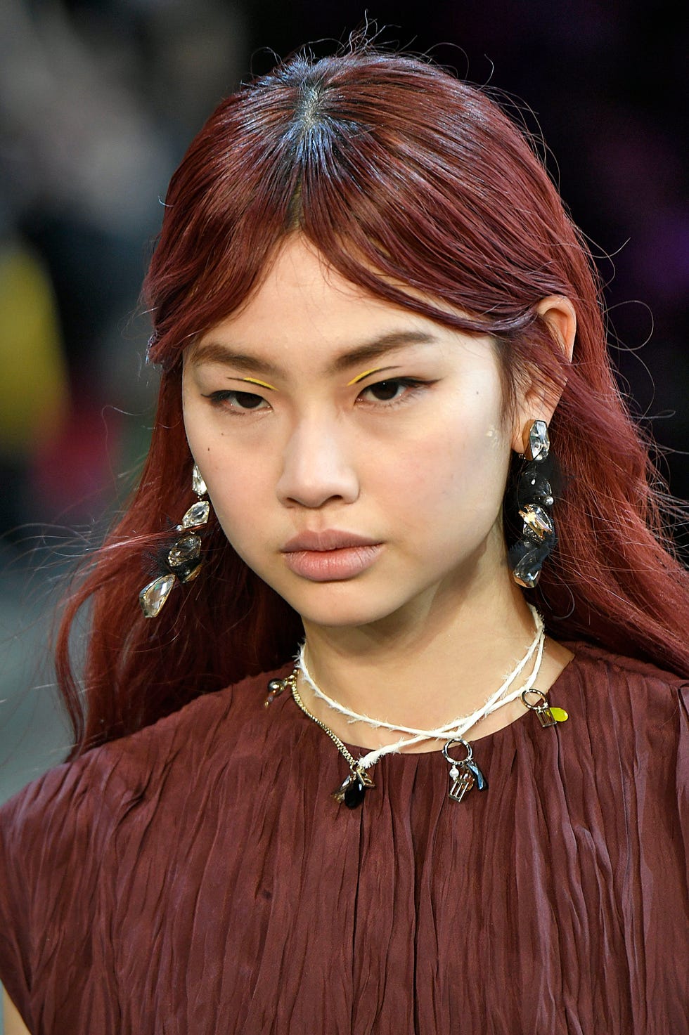 Hair, Hairstyle, Beauty, Chin, Lip, Hair coloring, Brown hair, Long hair, Bangs, Layered hair, 