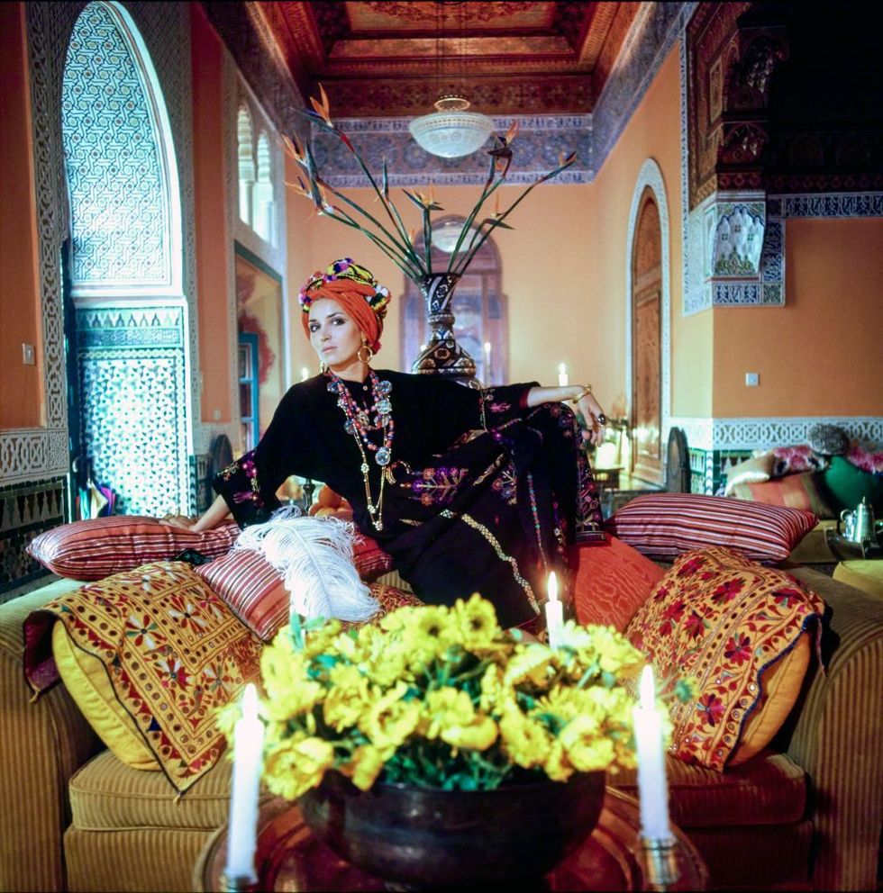 talitha getty wears a turban and caftan in her marrakech home photo by patrick lichfieldconde nast via getty images  local caption