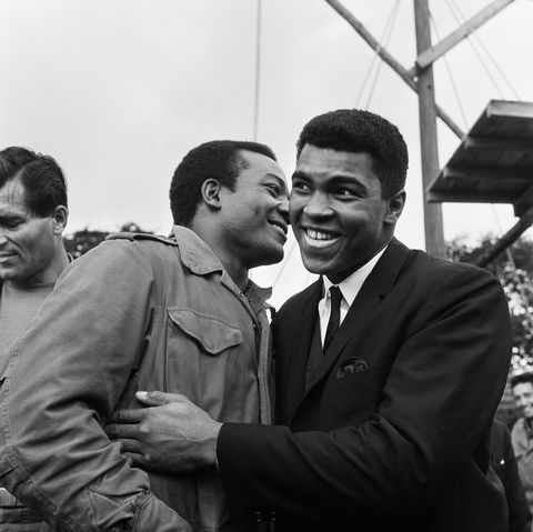 muhammad ali cassius clay, took a rest ahead of his upcoming title fight with brian london clay paid a visit to the film set at beechwood park school, markyate, hertfordshire where mgn were filming sequences of 'the dirty dozen' picture muhammad ali greets jim brown, 6th august 1966 photo by staffmirrorpixgetty images