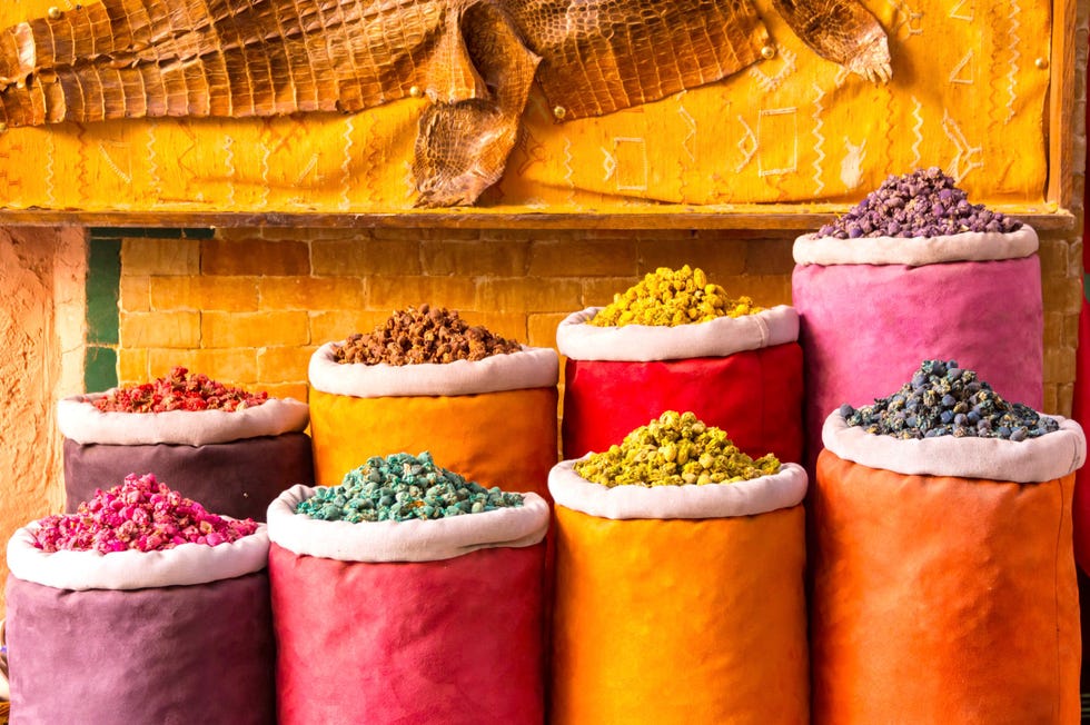 herbs and dry flowers on a traditional moroccan market, morocco