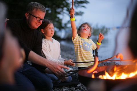 Children and man grilling at Lake Starnberg, Bavaria, Germany