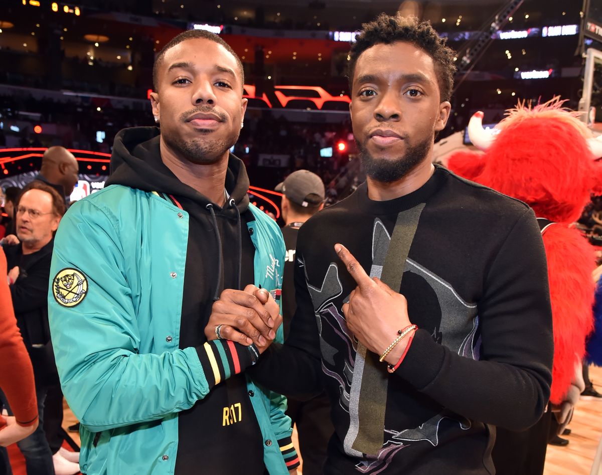 los angeles, ca   february 17  michael b jordan and chadwick boseman attend the 2018 state farm all star saturday night at staples center on february 17, 2018 in los angeles, california  photo by kevin mazurwireimage