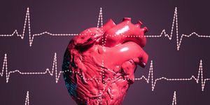 model of human heart behind illustrated ecg traces, studio shot