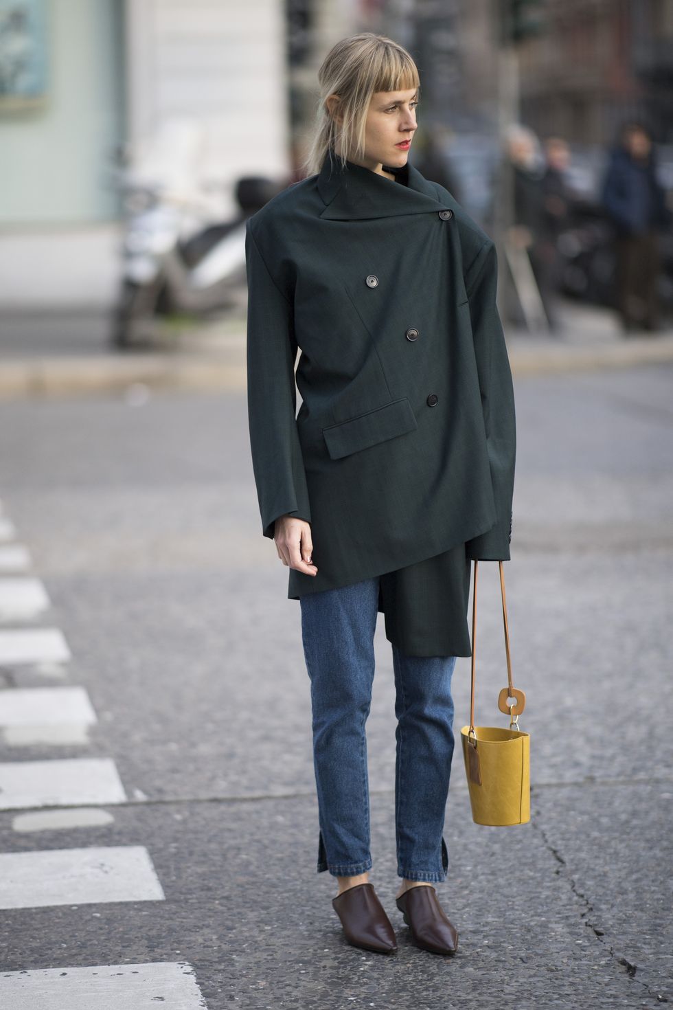 Clothing, Street fashion, Coat, Fashion, Standing, Overcoat, Outerwear, Snapshot, Yellow, Jeans, 